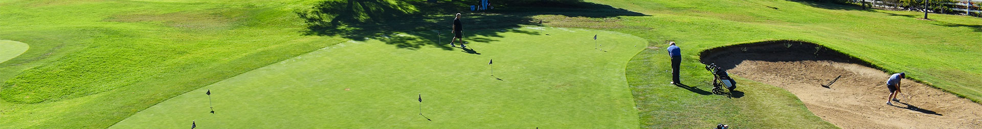 A scenic view of a well-maintained golf course featuring a vibrant putting green and sand bunker under a clear blue sky.
